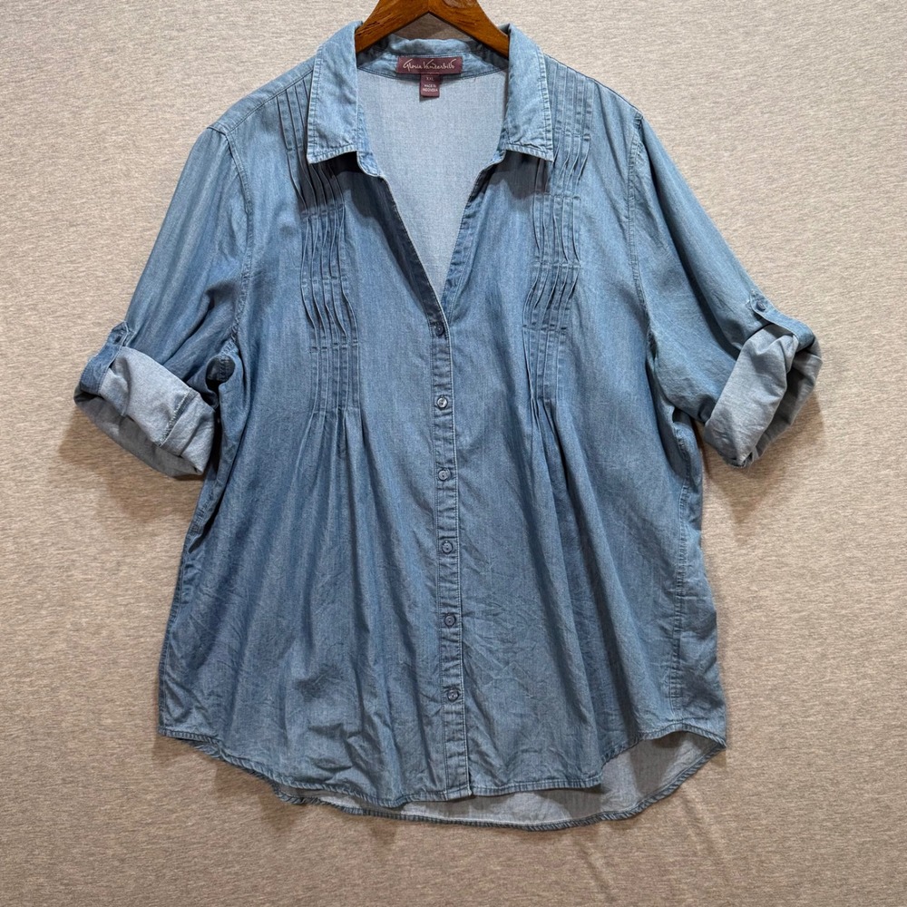 Gloria Vanderbilt Button Down Shirt Womens XXL Blue Pintuck Chambray Coastal
